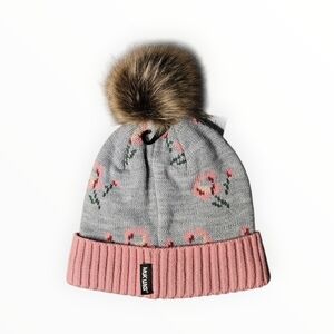 Muk Luks Floral Knit Beanie with Pom pom- Gray and Pink NWT